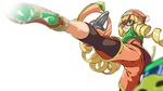  arms_(game) bike_shorts black_legwear blonde_hair bobblehat chinese_clothes closed_mouth doushimasho dragon_(arms) green_eyes hat kicking leggings legwear_under_shorts mask min_min_(arms) orange_shorts ramram_(arms) ringed_eyes short_hair shorts simple_background solo white_background 