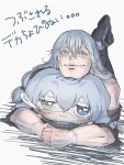  1boy blue_eyes blue_hair character_pillow heterochromia highres hugging_doll hugging_object ivii3 jujutsu_kaisen long_hair low-tied_long_hair mahito_(jujutsu_kaisen) male_focus smile solo stitched_arm stitched_face stitched_neck stitches white_background yellow_eyes 