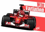  1girl absurdres animal_ears brand_name_imitation bridgestone car character_name cosplay ferrari fiat formula_one gloves green_eyes highres horse_ears horse_girl kaito_schumacher looking_to_the_side marlboro motor_vehicle race_vehicle racecar red_gloves red_hair rubens_barrichello rubens_barrichello_(cosplay) shell_(company) signature umamusume vehicle_focus vodafone win_variation_(umamusume) 