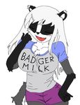  2014 anthro badger big_breasts blush breasts clothed clothing dynamoody eyes_closed female hair long_hair mammal meme mustelid open_mouth shirt simple_background solo text white_hair 