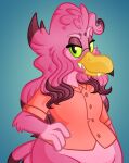 4_fingers accipitrid accipitriform anthro arm_tuft avian beak bent_arm bird blue_background bottomless bottomless_anthro bottomless_male button_(fastener) closed_beak clothed clothed_anthro clothed_male clothing colored digital_drawing_(artwork) digital_media_(artwork) eagle elbow_tuft eyebrows fangs feather_hair feathers fingers gniloy green_eyes hair half-closed_eyes half-length_portrait hi_res light lighting long_hair looking_at_viewer male male_anthro multicolored_body multicolored_feathers multicolored_hair narrowed_eyes pallas&#039;s_sea_eagle pink_body pink_eyebrows pink_feathers pink_tail portrait pseudo_hair purple_eyelids purple_hair sea_eagle shaded simple_background solo tail tail_feathers tan_dress_shirt teeth the-crazy-echidna-lady toothed_beak tuft two_tone_body two_tone_feathers two_tone_hair wavy_hair wide_hipped_anthro wide_hipped_male yellow_beak
