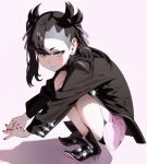  1girl 987645321o asymmetrical_bangs bike_shorts black_boots black_hair black_jacket black_nails boots dress earrings full_body green_eyes hair_ribbon jacket jewelry looking_at_viewer marnie_(pokemon) pink_dress pokemon pokemon_swsh ribbon short_dress solo squatting stud_earrings twintails undercut 