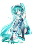  1girl absurdres aqua_eyes aqua_hair aqua_ribbon aqua_trim arm_tattoo black_boots black_skirt boots closed_mouth collared_shirt detached_sleeves full_body grey_sleeves hair_between_eyes hair_ornament hatsune_miku headphones headset heart heart_hair_ornament highres layered_sleeves long_sleeves looking_at_viewer microphone miniskirt neck_ribbon number_tattoo ribbon see-through_clothes see-through_sleeves shirt sitting skirt sleeveless sleeveless_shirt smile solo tattoo thigh_boots twintails vocaloid white_background white_shirt wing_collar zhongji_yaoguai 
