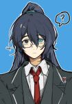  1boy ? bespectacled black_coat black_hair black_vest closed_mouth coat collared_shirt glasses half_updo heterochromia highres hong_lu_(project_moon) jingshenhuanghu lapels limbus_company long_hair looking_at_viewer male_focus necktie notched_lapels project_moon red_necktie shirt solo speech_bubble teardrop-framed_glasses very_long_hair vest white_shirt 