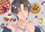  1boy absurdres black_hair blue_eyes blush_stickers cheesecake cherry cherry_pie ear_chain ear_piercing earrings flower food fork freckles fruit hand_on_own_face highres holding holding_food jewelry linked_piercing male_focus necklace original pancake pancake_stack pie piercing retro_artstyle ring solo sparkle spoon star_(symbol) sweets whipped_cream yksm_ktn 