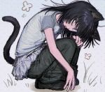  1girl animal_ears black_hair black_pants black_shoes cat_ears cat_girl cat_tail film_grain full_body grey_shirt highres layered_skirt long_hair original pants pants_under_skirt pleated_skirt polka_dot polka_dot_background purple_eyes raglan_sleeves shirt shoes short_sleeves skirt solo squatting striped_clothes striped_shirt tail tokiwa_(rqawxl) tongue tongue_out white_shirt white_skirt 