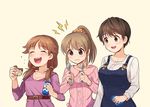  :d belt biscuit blouse blush breasts brown_eyes brown_hair buttons cleavage closed_eyes closed_mouth collarbone crumbs dress eating eyebrows_visible_through_hair eyelashes food frown furrowed_eyebrows high_ponytail highres holding holding_food hori_yuuko idolmaster idolmaster_cinderella_girls jewelry kamille_(vcx68) katagiri_sanae large_breasts laughing light_brown_hair lightning_bolt looking_at_another low_twintails medium_hair milk_carton multiple_girls necklace oikawa_shizuku open_mouth overalls pink_blouse ponytail purple_dress scrunchie sexy_guilty shirt short_hair short_twintails sidelocks simple_background small_breasts smile spiked_hair spork tearing_up teeth twintails upper_body wavy_mouth white_shirt yellow_background yellow_eyes 