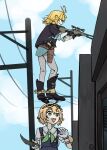  2girls :d ahoge ai_arctic_warfare aqua_shirt belt black_boots black_gloves black_jacket blonde_hair blue_overalls blue_sky bolt_action boots brown_belt building closed_mouth collared_shirt counter-strike_(series) counter-strike_2 dated day dokibird_(vtuber) dokibird_(vtuber)_(bounty_hunter) dooby_(vtuber) full_body gloves goggles goggles_on_head green_eyes green_neckerchief gun highres hobbyh1zack holding holding_gun holding_knife holding_weapon holster holstered indie_virtual_youtuber jacket knife multiple_girls neckerchief olofboost open_mouth outdoors overalls pants power_lines revolver rifle scar scar_on_arm shirt short_hair short_sleeves signature sky smile sniper_rifle spurs standing thigh_holster untucked_shirt virtual_youtuber weapon white_gloves white_pants white_shirt 