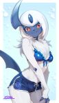  1girl :3 absol animal_hands animal_nose artist_name bare_shoulders bikini bikini_top_only blue_background blue_bikini blue_horns blue_shorts blue_skin body_fur border breasts bright_pupils chromatic_aberration closed_mouth colored_skin commentary_request cowboy_shot cutout_eyelashes dolphin_shorts drawstring english_commentary frilled_bikini frills front-tie_bikini_top front-tie_top furry furry_female hands_on_own_thighs happy head_tilt highres horns long_hair looking_at_viewer medium_breasts mixed-language_commentary navel neck_fur outside_border partial_commentary personification pocket pokemon pokemon_(creature) red_eyes short_shorts shorts side_slit side_slit_shorts sidelocks signature single_horn smile solo standing suahh swimsuit white_border white_fur white_hair white_pupils white_trim 