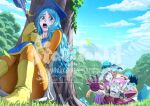  1girl 2boys 2girls 5tatsu aqua_hair armor blue_gemstone blue_hat blue_tabard bodysuit boots bruise bruised_eye crying dragon_quest dragon_quest_iii gem gloves gold_trim hat helmet highres holding holding_staff injury k.o. long_hair long_sleeves mage_(dq3) mortarboard mountain multiple_boys multiple_girls one_eye_closed open_mouth orange_bodysuit outstretched_hand pale_skin parted_bangs priest_(dq3) red_gloves red_hair roto_(dq3) shoulder_armor shouting slime_(creature) staff sun_hat tabard tears tree twitter_username under_tree warrior_(dq3) wavy_hair wide-eyed winged_helmet witch_hat x_x yellow_boots yellow_gloves 