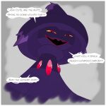 ambiguous_gender c_celebi clothing dialogue english_text feral generation_4_pokemon ghost hat headgear headwear looking_at_viewer mismagius mocking narrowed_eyes nintendo open_mouth pokemon pokemon_(species) pokemon_mystery_dungeon pseudo_clothing purple_body purple_skin red_eyes simple_background solo speech_bubble spike_chunsoft spirit text white_background yellow_sclera