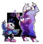 2025 2_horns 5_fingers animated_skeleton anthro barefoot belly bent_arm big_butt big_eyes big_mouth_(anatomy) biped black_blush black_bottomwear black_clothing black_eyebrows black_sclera black_shorts blue_clothing blue_jacket blue_topwear blush blush_lines bone boss_monster_(undertale) bottomwear bovid butt caprine claws closed_smile clothed clothed_anthro clothed_female clothed_humanoid clothed_male clothing curved_eyebrows cute_fangs cyrus_75448 dancing digital_drawing_(artwork) digital_media_(artwork) dress duo ear_tuft eyebrows eyelashes eyes_closed eyewear fangs feet female finger_claws fingers floppy_ears footwear fully_clothed fully_clothed_humanoid fully_clothed_male fur fur_tuft geometric_background glasses goat grin grinning_at_viewer head_turned hood hood_down horn humanoid humanoid_hands jacket larger_anthro larger_female light_body light_fur looking_at_viewer looking_back looking_back_at_viewer male mammal mature_anthro mature_female monotone_horn mouth_closed musical_note musical_symbol no_irises outline pink_clothing pink_footwear pink_inner_ear pink_slippers plantigrade pupils purple_clothing purple_dress purple_eyewear purple_glasses sans_(undertale) shoes short_tail shorts simple_background size_difference skeleton slightly_chubby slightly_chubby_anthro slightly_chubby_female slippers smaller_humanoid smaller_male smile smiling_at_viewer snout standing symbol tail teeth thick_thighs thin_eyebrows three-quarter_view tight_clothing tight_dress topwear toriel tuft undead undertale_(series) wearing_glasses white_body white_claws white_ears white_fur white_horn white_outline white_pupils white_tail