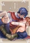  1boy 1girl anger_vein backless_outfit bandaged_arm bandages bandaid bandaid_on_face bandaid_on_hand bandaid_on_nose bare_shoulders blue_eyes blue_hair blue_pants blush boots border brown_eyes brown_hair butterfly_sitting carrying commentary_request crossed_bandaids dated dorothy_(fire_emblem) face-to-face feet_out_of_frame fire_emblem fire_emblem:_the_binding_blade flustered gauze grey_background grey_border highres looking_at_another nervous_sweating nose_blush pants princess_carry red_scarf robe saul_(fire_emblem) scarf short_hair sitting speech_bubble sweat thought_bubble translation_request twitter_username urihara84 