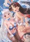  2girls alternate_costume animal_ear_hairband animal_ears ass black_hair black_pantyhose blue_bow blue_bowtie blue_leotard bow bowtie breasts brown_eyes conte_di_cavour_(kancolle) covered_navel detached_collar fake_animal_ears fake_tail hairband highleg highleg_leotard kantai_collection large_breasts leotard long_hair multiple_girls nisshin_(kancolle) open_mouth pantyhose playboy_bunny rabbit_ear_hairband rabbit_ears rabbit_tail red_eyes round_teeth small_breasts smile strapless strapless_leotard tail teeth thighhighs toka_(marchlizard) upper_teeth_only very_long_hair white_hair white_hairband white_leotard white_thighhighs white_wrist_cuffs wrist_cuffs 