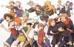  5girls 6+boys agatsuma_zenitsu bandana bandana_around_arm bare_shoulders black_bandana black_hair black_jacket black_necktie black_pants blonde_hair blue_hakama blue_jacket blue_shirt blue_shorts blue_skirt boar_mask brown_hair chainsaw_man china_dress chinese_clothes clenched_hands closed_eyes collared_shirt commentary_request crossover demon_horns demon_slayer_uniform denji_(chainsaw_man) dress earrings eating feet_out_of_frame fur-trimmed_shorts fur_trim fushiguro_megumi gintama glasses green_hair grey_hair grin hakama hakama_pants hanafuda_earrings hand_on_own_hip haori haramaki haruno_sakura hashibira_inosuke hat hayakawa_aki headband highres hood hood_down hoodie horns itadori_yuuji jacket japanese_clothes jewelry jujutsu_kaisen jujutsu_tech_uniform jumping jumpsuit kagura_(gintama) kamado_tanjirou kimetsu_no_yaiba kimono konohagakure_symbol kugisaki_nobara long_sleeves looking_at_another monkey_d._luffy multiple_boys multiple_girls nami_(one_piece) naruto_(classic) naruto_(series) necktie oekakiboya one_piece open_clothes open_jacket open_mouth orange_hair orange_jumpsuit pants parted_bangs pink_hair power_(chainsaw_man) red_dress red_hair red_hoodie red_vest roronoa_zoro running sakata_gintoki sandals shimura_shinpachi shirt short_hair short_sleeves shorts shounen_jump single_sidelock skirt smile spiked_hair straw_hat straw_hat_pirates topless_male uchiha_sasuke uzumaki_naruto vest walking weekly_shounen_jump white_background white_shirt yellow_skirt 
