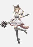  1girl animal_ears arknights bare_shoulders belt black_tiara breasts brown_eyes brown_hair cat_ears cat_girl chest_strap cleavage detached_sleeves diamond-shaped_pupils diamond_(shape) dress expressionless flower full_body grey_background hair_between_eyes hair_flower hair_ornament hand_up high_belt highres holding holding_staff large_breasts looking_at_viewer pepazo398 red_pupils rose short_hair signature simple_background solo staff standing standing_on_one_leg strapless strapless_dress symbol-shaped_pupils tail tiara vendela_(arknights) white_dress white_flower white_rose wristband 