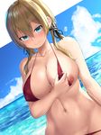  3: anchor_hair_ornament aqua_eyes bangs bikini blonde_hair blue_eyes blue_sky blush breasts cleavage cloud cloudy_sky collarbone covered_nipples day dutch_angle eyebrows_visible_through_hair hair_between_eyes hair_ornament highres horizon kantai_collection large_breasts looking_at_viewer low_twintails lowleg lowleg_bikini navel nipples ocean oekakizuki one_breast_out outdoors prinz_eugen_(kantai_collection) red_bikini sky solo swimsuit twintails upper_body 