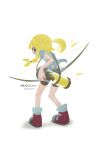  1girl absurdres arm_behind_back artist_name bike_shorts black_eyes black_shorts blonde_hair blunt_bangs bow_(weapon) braid braided_sidelock commentary copyright_name english_commentary eyebrow_cut floating_clothes floating_hair from_behind high_tops highres holding holding_bow_(weapon) holding_weapon ink ink_tank_(splatoon) inkling inkling_girl inkling_player_character invisible_floor karassawa leaning_forward legs_apart long_legs long_sidelocks looking_at_viewer looking_back no_pupils pointy_ears profile red_shoes shirt shoes short_hair_with_long_locks short_sleeves shorts shoulder_strap sidelocks simple_background single_braid sneakers solo splatoon_(series) splatoon_3 standing suction_cups t-shirt tentacle_hair torn_clothes torn_shirt twitter_username weapon white_background white_shirt 