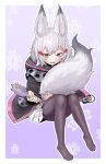  1girl agemmata animal_ear_fluff animal_ears black_jacket black_pantyhose border commentary english_commentary fang feet fox_ears fox_girl fox_tail full_body grey_hair grey_tail hair_ornament highres holding holding_brush jacket knees_together_feet_apart knees_up looking_at_viewer miniskirt no_shoes open_clothes open_jacket open_mouth outline pantyhose phase_connect pleated_skirt purple_background purple_eyes revision short_eyebrows sitting skirt solo tail tenma_maemi toenails toes unzipped virtual_youtuber white_border white_outline white_skirt 