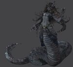 4_fingers accessory apode belly bottomwear bra breasts claws clothing draconcopode female finger_claws fingers grey_body grey_scales hair horn kiguri lamia legless long_hair monster mythological_creature mythology naga red_eyes reptile scales scalie serpentine simple_background skirt snake solo split_form tail underwear