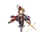  belt blue_eyes boots brown_hair crying feathers full_body fur_trim gloves granblue_fantasy harvin hat jacket_on_shoulders male_focus minaba_hideo official_art solo sword transparent_background vermeil weapon 