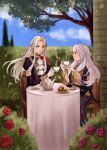  2girls artist_name blue_sky blurry blurry_background brick_wall bush cake capelet center_opening chair cloud cloudy_sky couple cup dress edelgard_von_hresvelg elbow_rest english_commentary fire_emblem fire_emblem:_three_houses flower food garreg_mach_monastery_uniform gloves hair_between_eyes hair_down hair_flowing_over hair_ribbon hands_up highres holding holding_weapon long_hair long_sleeves looking_at_another looking_to_the_side lysithea_von_ordelia multiple_girls on_chair outdoors parted_bangs parted_lips pink_eyes plate puffy_long_sleeves puffy_sleeves purple_eyes purple_flower purple_hair purple_ribbon purple_rose red_capelet red_flower red_rose ribbon rose schereas shade sitting sky sweets table tablecloth teacup teapot tree weapon white_gloves wide_sleeves wind yuri 
