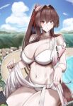  1girl ahoge beach bikini breasts brown_eyes brown_hair cleavage cliov commission giant giantess hair_intakes house kantai_collection large_breasts looking_at_viewer mountain nail_polish navel official_alternate_costume open_mouth pink_bikini ponytail second-party_source solo swimsuit yamato_(kancolle) yamato_kai_ni_(kancolle) yamato_kai_ni_(swimsuit)_(kancolle) 