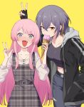  2girls absurdres aged_up bang_dream! bang_dream!_it&#039;s_mygo!!!!! black_gloves black_jacket blonde_hair blush breasts brown_eyes chihaya_anon chinese_commentary cleavage commentary_request dress fang fingerless_gloves food_theft gloves grey_dress grey_hair grey_pants grey_shirt hair_between_eyes hand_in_pocket highres holding holding_ice_cream_cone hood hooded_jacket ice_cream_cone jacket long_hair medium_breasts midriff multicolored_hair multiple_girls navel open_clothes open_jacket open_mouth pants pinafore_dress pink_hair plaid_clothes plaid_dress shirt short_hair simple_background skin_fang sleeveless sleeveless_dress streaked_hair takamatsu_tomori time_paradox v w yellow_background yzj21333 