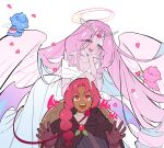  2girls :d angel_wings bare_shoulders basket blue_hair bow_(weapon) braid breasts bright_pupils brown_capelet capelet cleavage collarbone colored_inner_hair colored_skin cookie_run cookie_run:_kingdom cowboy_shot cupid curtained_hair dark-skinned_female dark_skin demon_tail dress eternal_sugar_cookie eyes_visible_through_hair facing_viewer feathered_wings gloves halo hand_on_own_cheek hand_on_own_face heart heart-shaped_pupils highres holding holding_basket holding_bow_(weapon) holding_picnic_basket holding_weapon hollyberry_cookie humanization laughing long_dress long_hair looking_at_another looking_at_viewer looking_up low_wings multicolored_hair multiple_girls multiple_wings off-shoulder_dress off_shoulder official_alternate_costume ohta_guk_hip open_mouth oversized_wings picnic_basket pink_eyes pink_hair pink_skin pink_tail pink_wings red_gloves shield shield_on_back short_sleeves simple_background single_braid smile streaked_hair sweat symbol-shaped_pupils tail teeth two-tone_hair upper_body upper_teeth_only very_long_hair weapon white_background white_dress white_eyeshadow white_pupils white_undershirt wings yellow_halo 