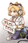  animal_ears bag blonde_hair blue_pants blush breasts brown_eyes clothes_writing contemporary eyebrows_visible_through_hair headset holding jaguar_(kemono_friends) jaguar_ears jaguar_print jaguar_tail japari_symbol kemono_friends medium_breasts one_knee open_mouth pants paw_print pointing shirt shoes short_sleeves sketchbook sneakers solo tail tanaka_kusao tape translated twitter_username white_background white_footwear white_shirt 