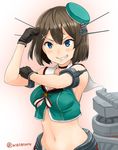  beret black_gloves blue_eyes brown_hair gloves grin hair_between_eyes hair_ornament hat kantai_collection machinery maya_(kantai_collection) midriff military military_uniform remodel_(kantai_collection) short_hair sleeveless smile solo twitter_username uniform watanore x_hair_ornament 