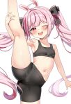 1girl absurdres ahoge animal_ears bansyono-mamoribito bike_shorts black_shorts black_sports_bra bow breasts cameltoe commentary hair_bow highres indie_virtual_youtuber looking_at_viewer navel one_eye_closed open_mouth pink_eyes pink_hair short_shorts shorts simple_background small_breasts split sports_bra sports_panties standing standing_on_one_leg standing_split stomach tomari_mari twintails white_background 