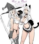  :d animal_ears bell bell_collar belt black_panties breasts broom cat_ears cat_paws cat_tail cleavage collar earrings front-tie_top hat jack-o'-lantern jewelry large_breasts long_hair looking_at_viewer microskirt midriff multiple_girls necklace open_mouth orange_eyes panties paws shirt side-tie_panties simple_background skirt smile star star_earrings tail thighhighs tied_shirt translation_request trick_or_treat underwear velzhe white_background white_hair witch_hat 