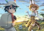  animal_ears blue_eyes blue_hair bow bowtie brown_gloves elbow_gloves feathers gloves hat helmet highres kaban_(kemono_friends) kemono_friends looking_at_viewer lucky_beast_(kemono_friends) multiple_girls open_mouth orange_bow orange_hair orange_legwear orange_neckwear orange_skirt pith_helmet remiina_(reming185) serval_(kemono_friends) serval_ears serval_tail short_hair skirt smile tail thighhighs white_bow white_gloves white_neckwear yellow_eyes 