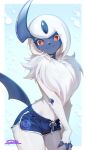  1girl :3 absol androgynous animal_hands animal_nose artist_name blue_background blue_horns blue_shorts blue_skin body_fur border bright_pupils chromatic_aberration closed_mouth colored_skin commentary_request cowboy_shot cutout_eyelashes dolphin_shorts drawstring english_commentary furry furry_female hands_on_own_thighs happy head_tilt highres horns long_hair looking_at_viewer mixed-language_commentary navel neck_fur outside_border partial_commentary personification pocket pokemon pokemon_(creature) red_eyes short_shorts shorts side_slit side_slit_shorts sidelocks signature single_horn smile solo standing suahh white_border white_fur white_hair white_pupils white_trim 