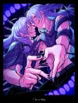  2boys akasuzu3641 blue_eyes blue_hair blue_nails clone closed_mouth cowboy_shot cursed_spirit_(jujutsu_kaisen) dual_persona english_text finger_heart grin heart heart_hands heart_hands_duo heterochromia highres jujutsu_kaisen long_hair low-tied_long_hair mahito_(jujutsu_kaisen) male_focus melting mitosis multiple_boys ringed_eyes smile split stitched_arm stitched_face stitched_neck stitched_torso stitches tongue tongue_out twitter_username yellow_eyes 