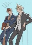  2boys aqua_eyes bag bandaid bandaid_on_cheek bandaid_on_face baseball_bat black_jacket black_pants blonde_hair blue_background blue_eyes blue_jacket blue_pants brown_hair brown_sweater_vest cloud_strife cloud_strife_(midgard_seventh_high_school) collared_shirt crossed_arms delinquent earrings feet_out_of_frame final_fantasy final_fantasy_vii final_fantasy_vii_ever_crisis final_fantasy_viii gakuran hair_between_eyes highres holding holding_baseball_bat jacket jewelry male_focus multiple_boys necktie orange_necktie pants parted_bangs school_uniform shio_ga shirt short_hair shoulder_bag single_earring spiked_hair squall_leonhart suit_jacket sweater_vest white_shirt 