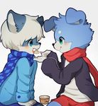  2017 anthro blue_fur blush canine cat cub dog duo feline fur green_eyes male mammal mintea scarf shota white_backgorund white_fur young 