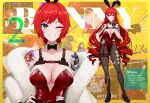  1girl absurdres ace_(playing_card) ace_of_hearts ace_of_spades animal_ear_hairband animal_ears arm_tattoo belt black_bow black_bowtie black_shoes blush bow bowtie breasts brown_belt card cleavage closed_mouth collarbone detached_collar dragon_tattoo earrings elly_(vtuber) elly_(vtuber)_(bunny) english_text fake_animal_ears feather_boa green_eyes hairband hand_on_own_hip harness heart high_heels highres indie_virtual_youtuber jewelry leotard long_hair one_eye_closed pantyhose playing_card rabbit_ear_hairband rabbit_ears red_hair red_leotard riki-to shoes short_hair smile spade_(shape) tattoo torn_clothes torn_pantyhose virtual_youtuber 