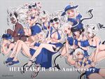  6+girls absurdres angel animal_ears anniversary azazel_(helltaker) barefoot bikini black_hair black_horns black_tail blue_eyes blue_hat breasts cellphone cerberus_(helltaker) champagne_flute choker cleavage criss-cross_halter cross cross_necklace cup dark-skinned_female dark_skin demon_girl demon_horns demon_tail drinking_glass ear_piercing earrings ears_through_headwear english_commentary english_text eyewear_on_head face_piercing fang flower_hairband glasses hairband halo halterneck hat heart heart-shaped_eyewear heart-shaped_pupils helltaker highres holding holding_notepad holding_pen holding_phone horns horns_through_headwear jewelry judgement_(helltaker) justice_(helltaker) large_breasts lip_piercing long_hair looking_at_viewer lucifer_(helltaker) malina_(helltaker) modeus_(helltaker) mole mole_under_eye multiple_girls nail_polish navel necklace noah_(tettsui-sole) nose_piercing notepad open_mouth pandemonica_(helltaker) pen phone piercing ponytail red_eyes sandals sarong scrunchie short_hair shorts smartphone smile sparkle spiked_horns sunglasses swimsuit symbol-shaped_pupils tail toenail_polish toenails triplets twitter_username untied_bikini untying white_eyes white_hair white_horns wrist_scrunchie zdrada_(helltaker) 