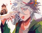  !? 2boys ahoge black_jacket black_suit brown_hair chain chain_leash chinese_commentary clenched_teeth collarbone collared_jacket commentary_request cuffs danganronpa_(series) danganronpa_2:_goodbye_despair danganronpa_3_(anime) dot_nose downturned_eyes eyes_visible_through_hair feet_out_of_frame fingernails green_eyes green_jacket grey_hair grey_shirt hair_between_eyes hand_on_own_head hat hat_ribbon heart heichiyo highres hinata_hajime hood hood_down hooded_jacket hope&#039;s_peak_academy_school_uniform jacket komaeda_nagito lapels leash light_blush long_hair long_sleeves looking_at_object male_focus messy_hair multiple_boys notched_lapels notice_lines open_clothes open_jacket open_mouth party_hat pink_ribbon ribbon school_uniform shackles shirt short_hair simple_background smile spiked_hair suit teeth towel towel_around_neck upper_body upper_teeth_only white_background white_hat yaoi 