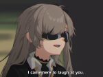  1girl act_(xadachit) black_jacket blurry blurry_background brown_hair collared_shirt commentary english_text girls&#039;_frontline girls&#039;_frontline_2:_exilium gundam highres i_came_here_to_laugh_at_you_(meme) jacket leva_(girls&#039;_frontline_2) long_hair meme open_mouth shirt solo subtitled sunglasses ump45_(girls&#039;_frontline) white_shirt zeta_gundam 