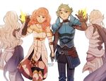  2girls alm_(fire_emblem) armor cape celica_(fire_emblem) commentary darkgreyclouds female_my_unit_(fire_emblem_if) fire_emblem fire_emblem_echoes:_mou_hitori_no_eiyuuou fire_emblem_if gloves green_eyes green_hair hairband high_five long_hair male_my_unit_(fire_emblem_if) mamkute multiple_boys multiple_girls my_unit_(fire_emblem_if) pointy_ears red_eyes red_hair short_hair smile tiara white_hair 