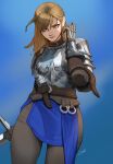  1girl absurdres armor artist_name black_pants blue_background brown_hair closed_mouth commentary cowboy_shot cuirass english_commentary eyeliner gauntlets hair_between_eyes hand_up highres looking_at_viewer makeup o-ring one_eye_closed ori_dal original pants pauldrons red_eyeliner rerebrace scar scar_on_cheek scar_on_face shoulder_armor signature solo standing sword weapon yellow_eyes 