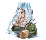  abs barefoot beard belt brown_hair closed_eyes facial_hair full_body granblue_fantasy hat indian_style jin_(granblue_fantasy) katana leaf long_hair male_focus meditation minaba_hideo official_art ponytail rock scar sitting solo sword transparent_background water waterfall weapon 