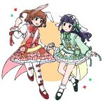  2girls :d aijou_karen animal_ears animal_print ankle_strap arm_ribbon asymmetrical_sleeves black_eyes blunt_bangs blush_stickers bow bow_legwear bowtie brown_hair cape capelet clenched_hand closed_mouth cockade commentary corset cross-laced_clothes cross-laced_corset dress fake_animal_ears fingernails floating frilled_dress frilled_hairband frills green_bow green_bowtie green_capelet green_dress green_nails green_ribbon green_sash green_shoes hair_bow hairband hand_up head_tilt highres holding_hands juliet_sleeves kurage01ria layered_dress leg_up leggings long_hair long_sleeves looking_ahead mary_janes multiple_girls official_alternate_costume open_mouth orange_background petticoat plaid_clothes plaid_dress puffy_sleeves purple_hair rabbit_ears rabbit_print red_bow red_bowtie red_cape red_corset red_dress red_nails red_ribbon red_shoes red_trim ribbon sash shoes short_dress short_hair shoujo_kageki_revue_starlight sleeves_past_wrists smile socks striped_sash swept_bangs tsuyuzaki_mahiru two-tone_background two-tone_dress two-tone_sash two_side_up uneven_sleeves waist_cape waist_sash white_background white_capelet white_corset white_dress white_leggings white_sash white_socks wrist_ribbon yellow_cape yellow_sash 