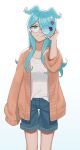  1girl absurdres adjusting_eyewear aqua_eyes arm_at_side asymmetrical_bangs asymmetrical_sidelocks black-framed_eyewear blue_hair blue_wings breasts brown_cardigan cardigan closed_mouth colored_tips commentary cross-shaped_pupils denim denim_shorts elira_pendora english_commentary eyebrows_hidden_by_hair feet_out_of_frame glasses hair_ornament hair_over_one_eye hair_wings half-closed_eyes hand_in_own_hair hand_on_own_head hand_up head_tilt head_wings highres karassawa long_eyelashes long_hair long_sleeves looking_at_viewer multicolored_hair narrowed_eyes nijisanji nijisanji_en open_cardigan open_clothes parted_bangs puffy_long_sleeves puffy_sleeves raised_eyebrows round_eyewear shirt shirt_partially_tucked_in shorts shorts_rolled_up sidelocks simple_background single_sleeve_past_fingers small_breasts smile solo split_mouth standing straight-on symbol-shaped_pupils thick_eyelashes two-tone_hair two-tone_wings virtual_youtuber wavy_hair white_background white_hair white_shirt white_wings wings x_hair_ornament 
