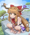  1girl 4th_lol :3 barefoot bird bird_on_horn blush chain cliff highres horns ibuki_suika long_hair oni solo squatting touhou tree 