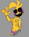 2024 anthro avian bav beakless bird black_sclera black_text body_writing breasts chicken clothed clothing digital_drawing_(artwork) digital_media_(artwork) eyelashes featureless_breasts female female_anthro five_nights_at_freddy&#039;s five_nights_at_freddy&#039;s_2 galliform gallus_(genus) gesture grey_background grey_neck grey_teeth machine mangle_(fnaf) metal_teeth open_mouth open_smile panties phasianid pink_cheeks pink_clothing pink_panties pink_underwear robot robot_anthro scottgames simple_background smile solo star_writing teeth text topless topless_anthro topless_female toy_bonnie_(fnaf) toy_chica_(fnaf) toy_freddy_(fnaf) underwear waving waving_at_viewer waving_hand white_eyes writing_on_arm writing_on_breasts writing_on_face yellow_body yellow_breasts