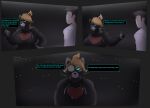 anthro breasts clothed clothing comic dialogue duo english_text eyewear female glasses hi_res holding_object hoodie human in_heat_(game) kass_(in_heat) male mammal photolol.03 procyonid raccoon simple_background text topwear yellow_eyes